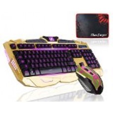 BlueFinger® Three Color Adjustable Luminous with Purple Red Blue Gaming Wired Keyboard and Mouse Combo Set Golden + Bluefinger Customed Gaming Mouse Pad