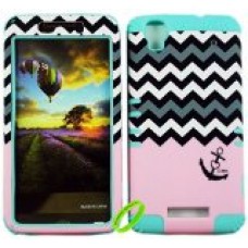 Cellphone Trendz HARD & SOFT RUBBER HYBRID ROCKER HIGH IMPACT PROTECTIVE CASE COVER for ZTE Max N9520 Boost Mobile - Pink Love Anchor Chevron Design Hard Case on Mint Blue Silicone